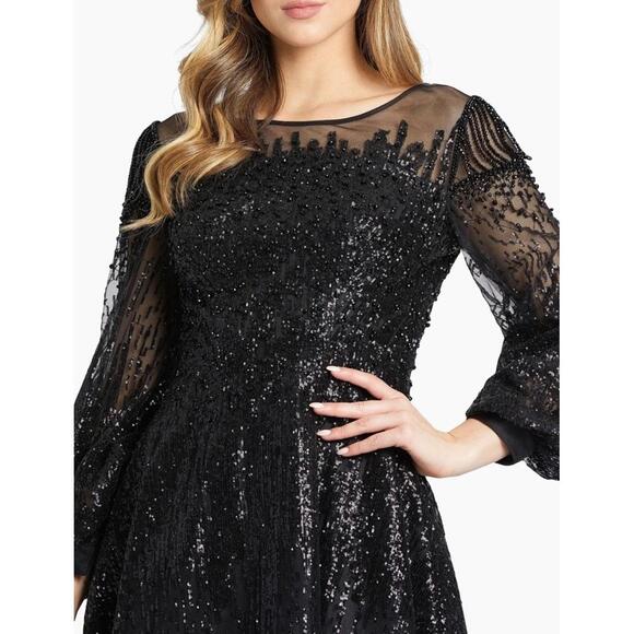 New Mac Duggal Jewel Encrusted Illusion Long Sleeve A Line Gown In Black Sz 16 - Picture 4 of 10